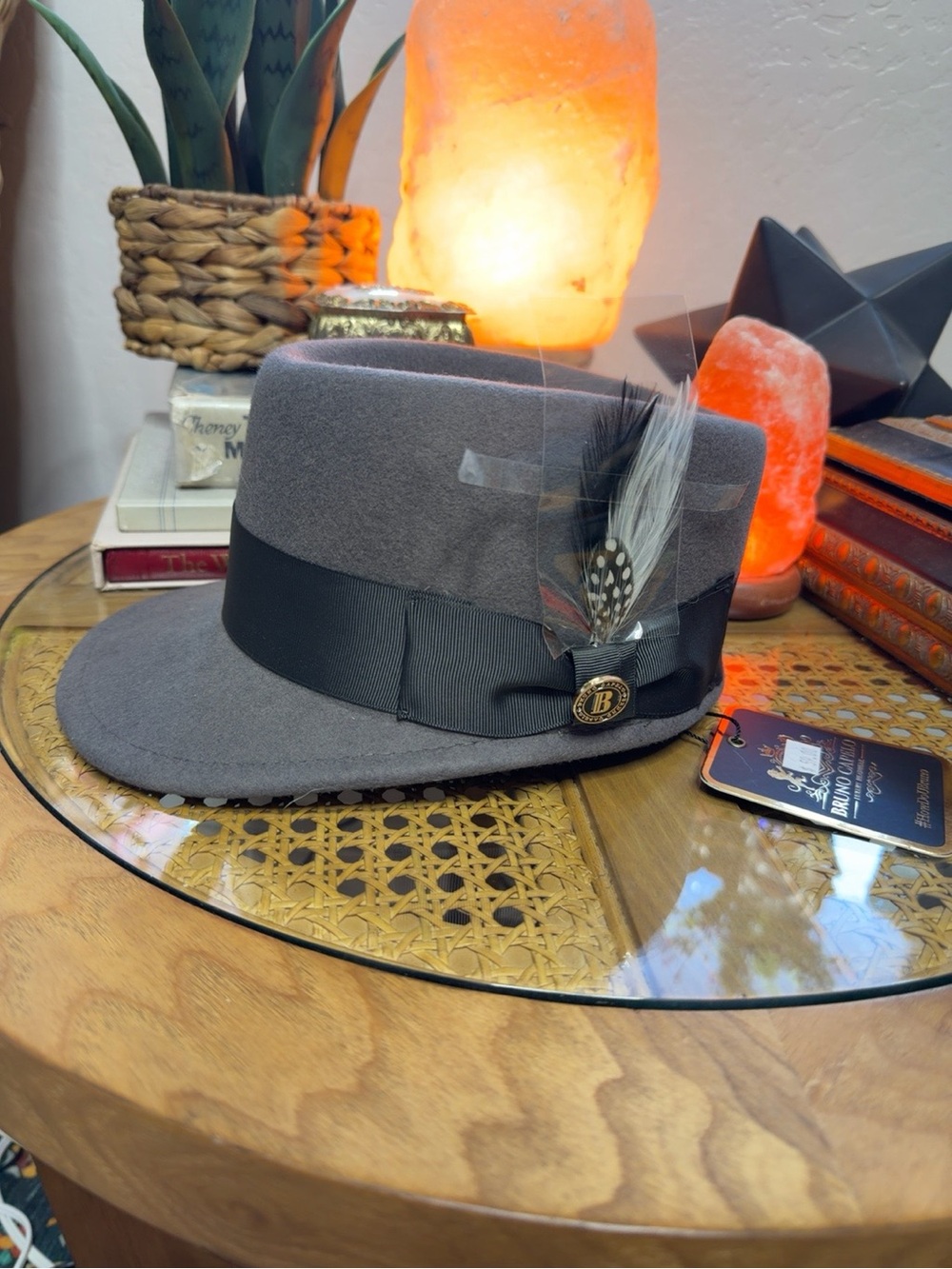 Gray Wool Fedora with Black Band and Feather Accent